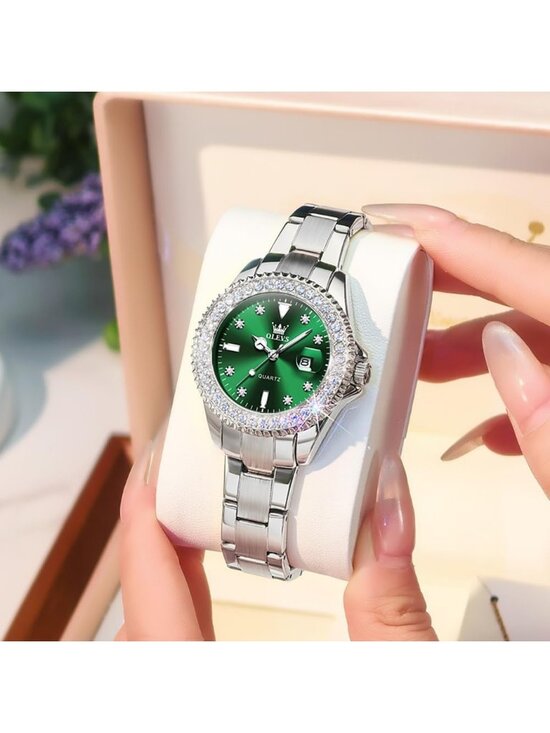 Womens Green Dial Diamond Silver Stainless Steel Waterproof Elegant Luxury Watch main image 5